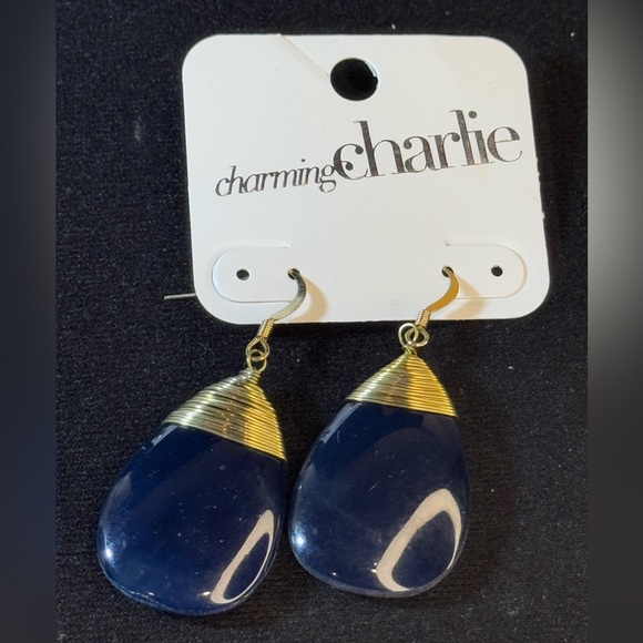 Charming Charlie’s Gold Tone Blue Enamel Teardrop Earrings 2 inch approx - Picture 3 of 4